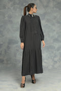 Buy Negative Apparel Knot Collar Lantern Sleeve Dress FD - Black in Pakistan