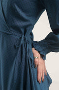 Buy Negative Apparel Flounce Sleeve Ruffle Trim Wrap Knot Side Dress FD - Blue Polka in Pakistan