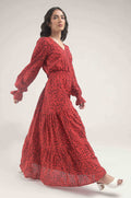 Buy Negative Apparel Flounce Sleeve Shirred Dress FD - Red Ditsy in Pakistan