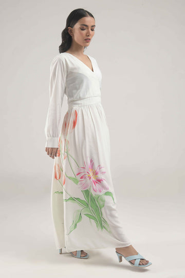 Buy Negative Apparel White Floral Print A-line Dress with Cuff Sleeves FD in Pakistan