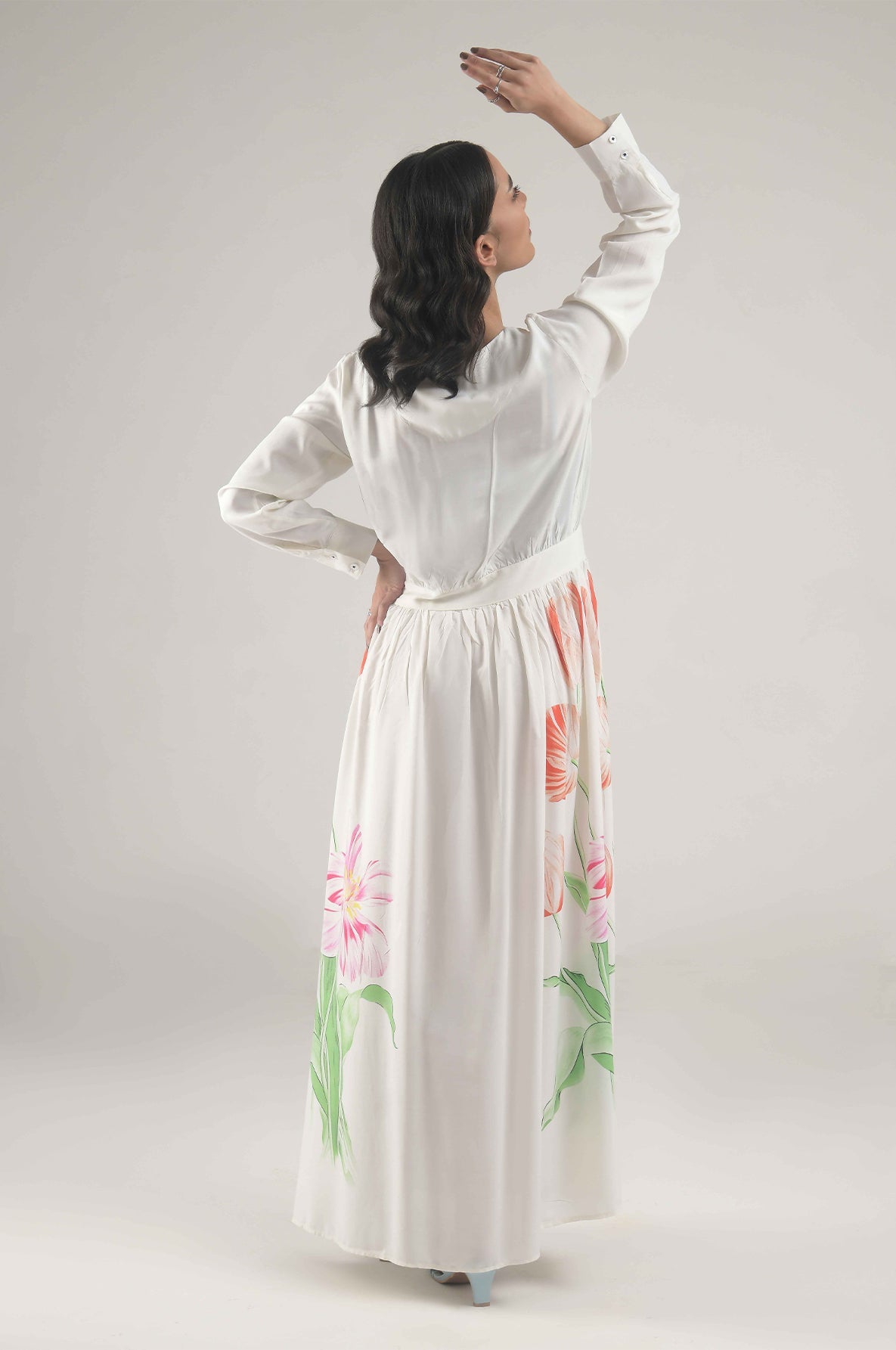 Buy Negative Apparel White Floral Print A-line Dress with Cuff Sleeves FD in Pakistan