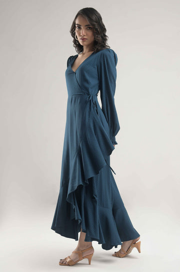 Buy Negative Apparel Flounce Sleeve Ruffle Trim Wrap Knot Side Dress FD - Blue Polka in Pakistan