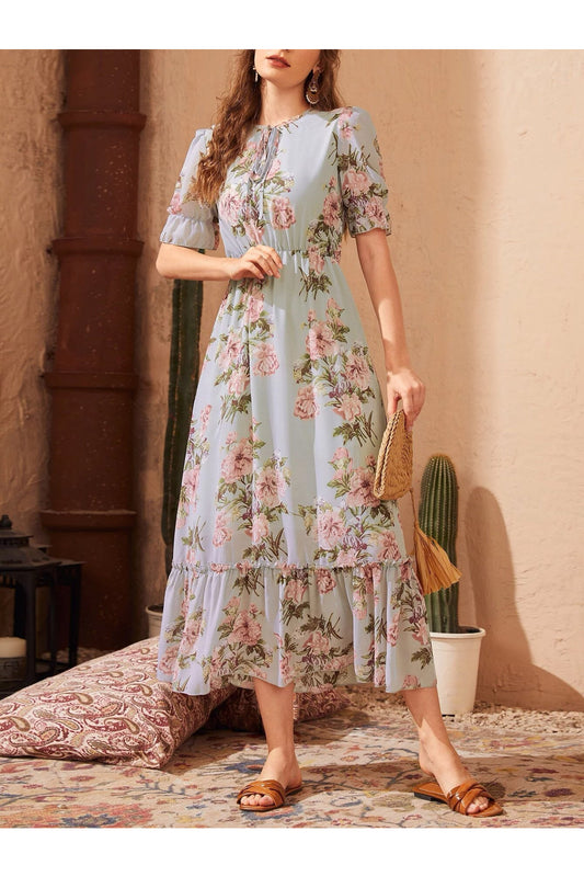 Buy Shein Floral Print Tie Front Flounce Sleeve Dress in Pakistan