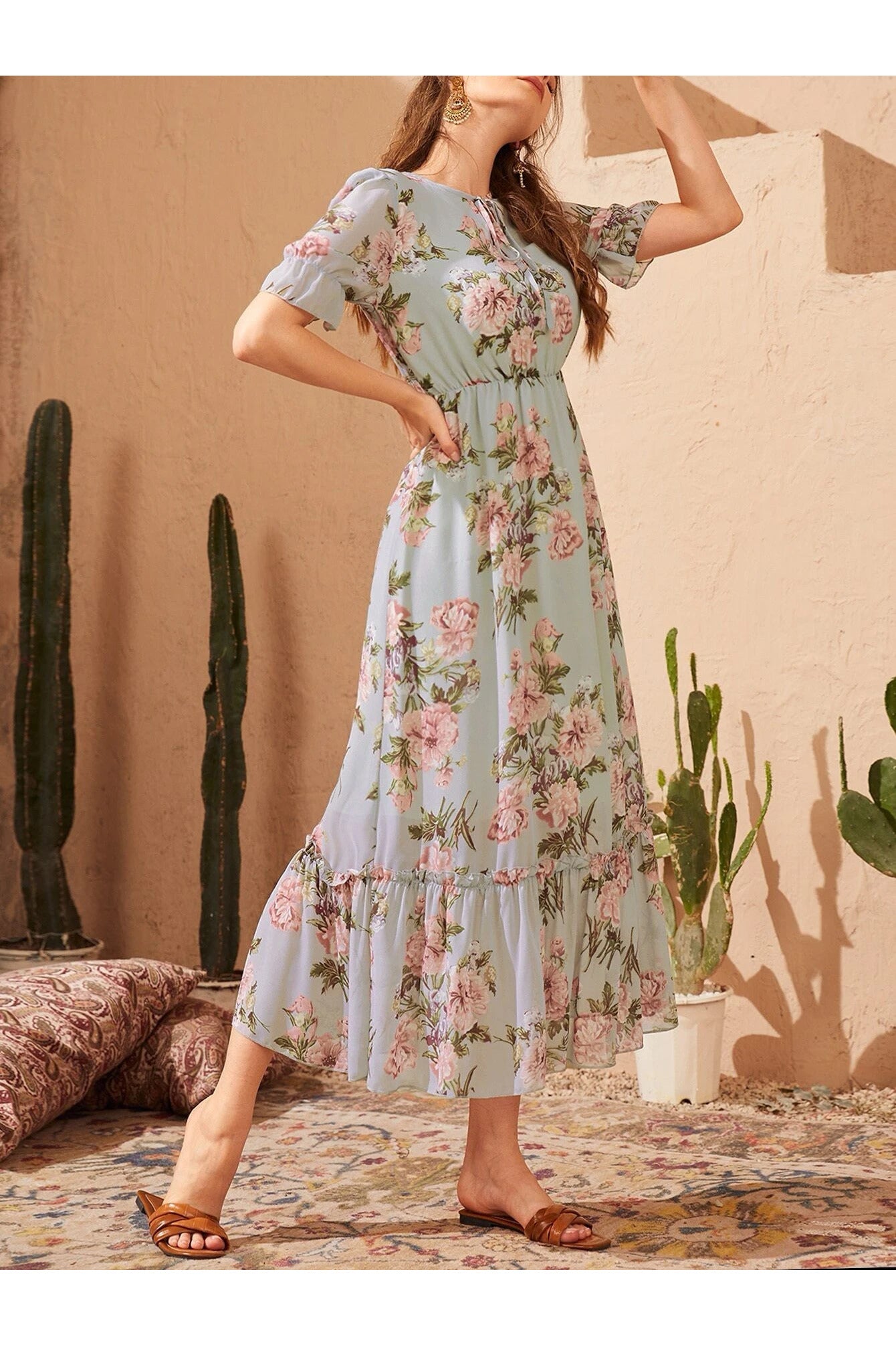 Buy Shein Floral Print Tie Front Flounce Sleeve Dress in Pakistan