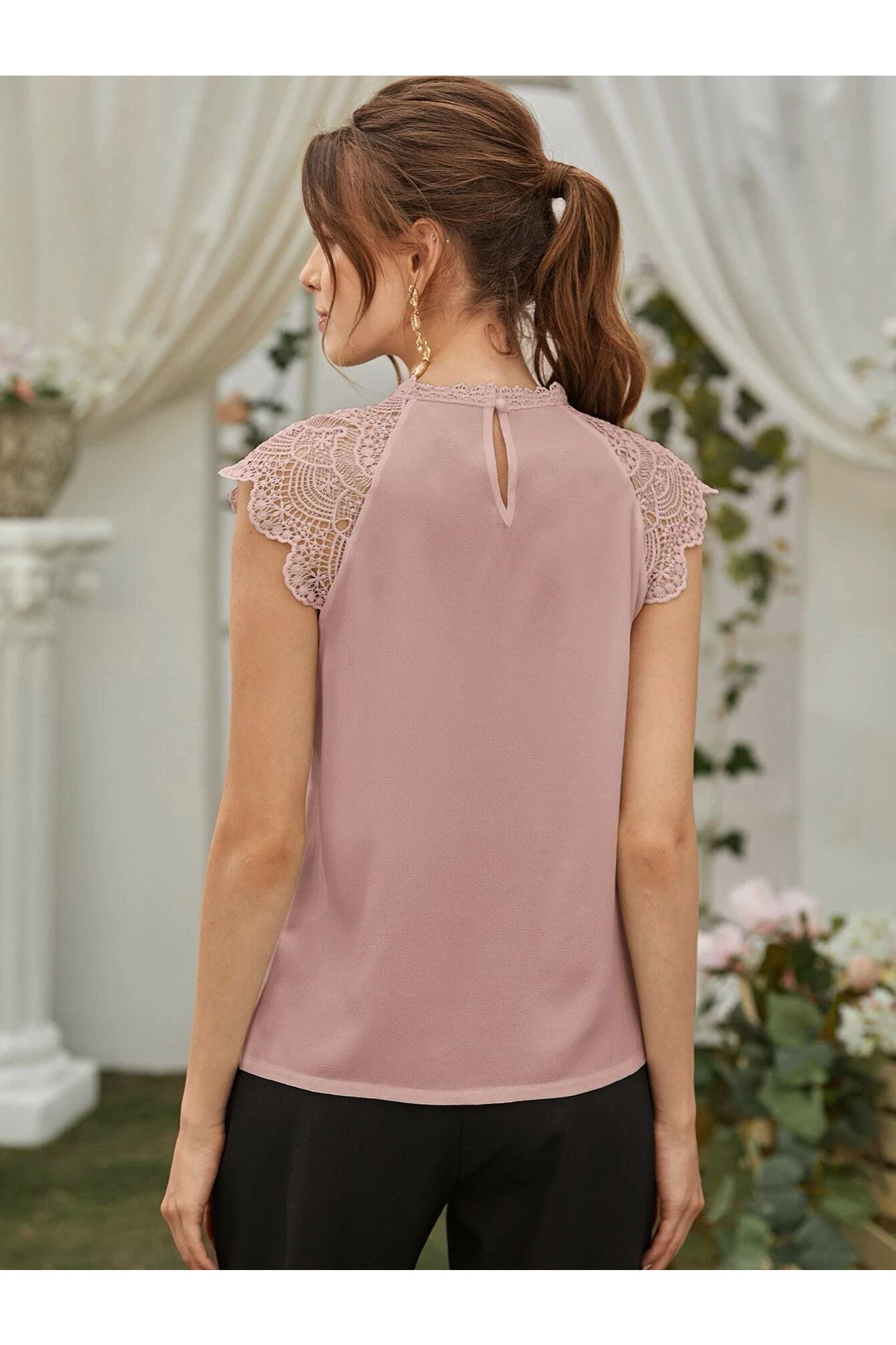 Shein Emery Rose Contrast Guipure Lace Ruffle Sleeve Blouse