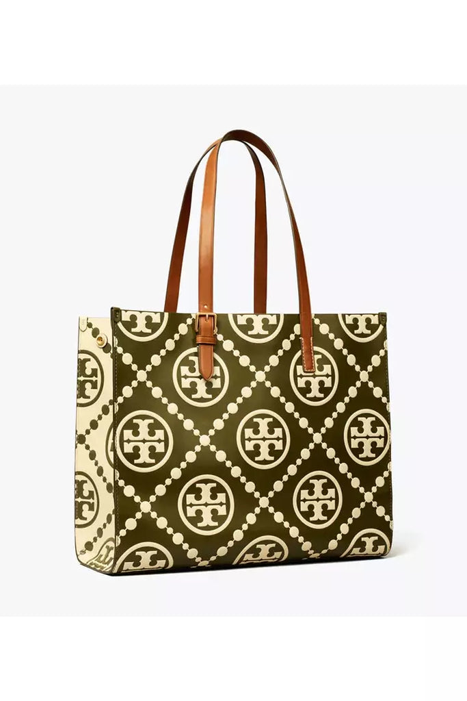 Tory Burch T Monogram Coated Canvas Tote in Brown