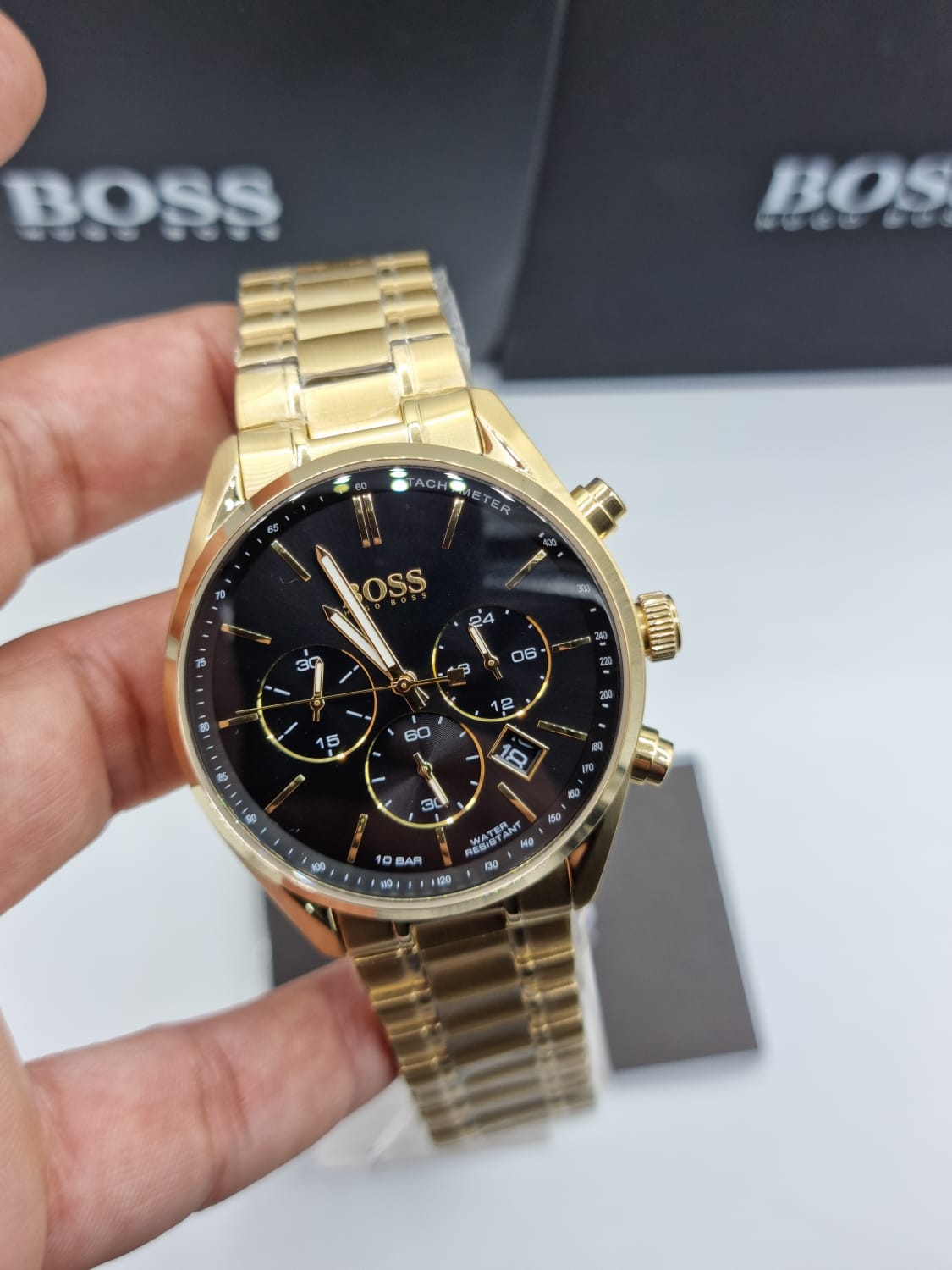 Buy Hugo Boss Mens Chronograph Champion Gold Stainless Steel Black Dial 44mm Watch - 1513848 in Pakistan