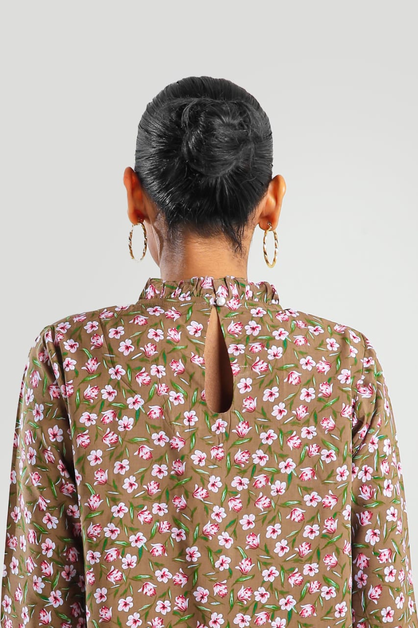Buy Negative Apparel Floral Print Frill Neck Flounce Sleeve Blouse FD - Black Floral in Pakistan