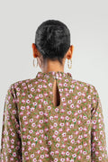 Buy Negative Apparel Floral Print Frill Neck Flounce Sleeve Blouse FD - Olive Floral in Pakistan