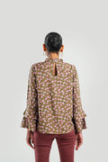 Buy Negative Apparel Floral Print Frill Neck Flounce Sleeve Blouse FD - Olive Floral in Pakistan