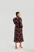 Buy Negative Apparel Floral Bishop Sleeve Belted Fitted Dress FD in Pakistan