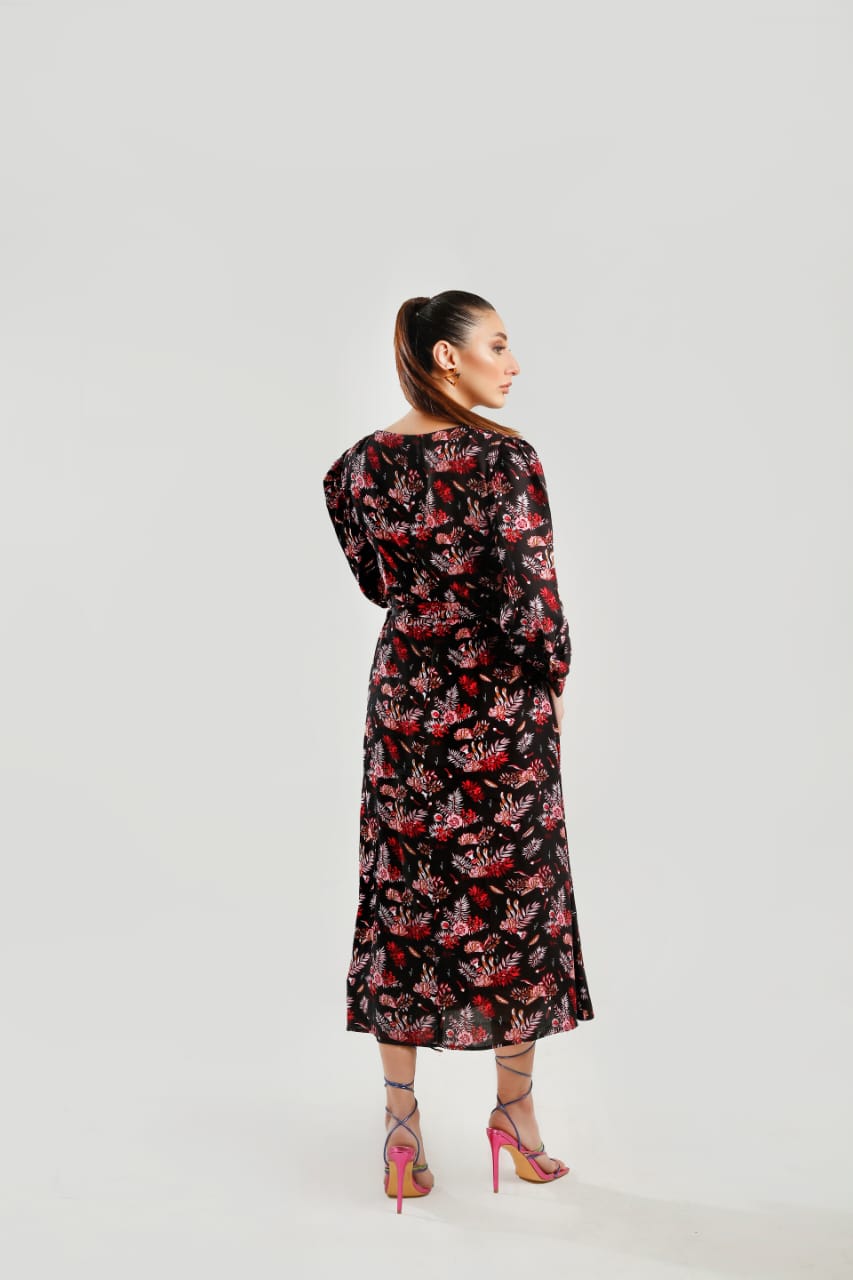 Buy Negative Apparel Floral Bishop Sleeve Belted Fitted Dress FD in Pakistan