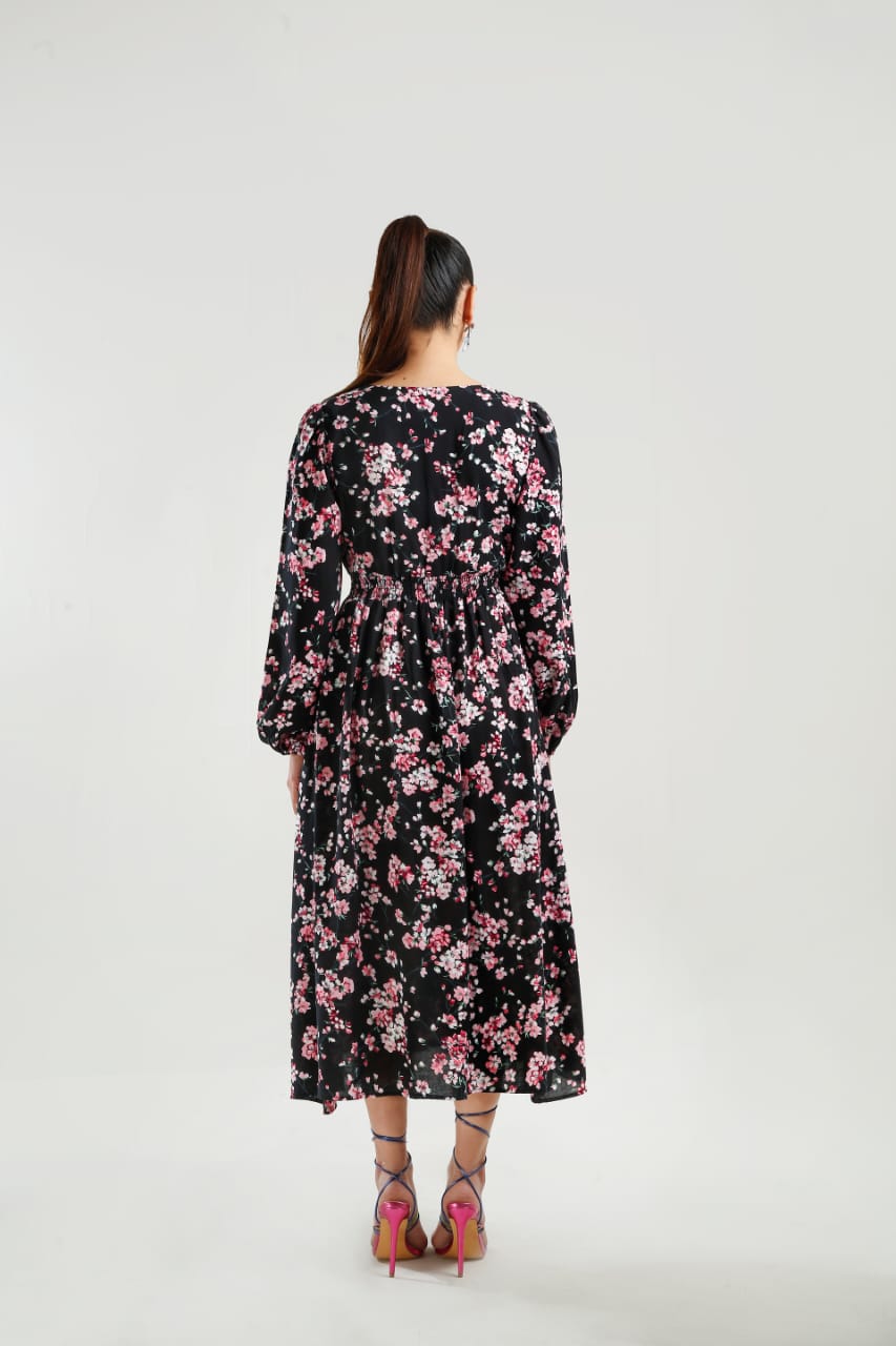 Buy Negative Apparel Allover Print Shirred Waist Bishop Sleeve Dress FD - Black Floral in Pakistan
