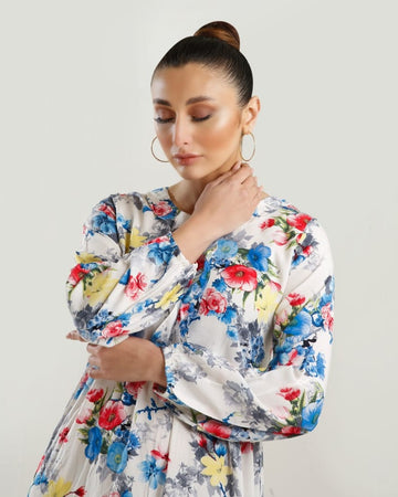 Buy Negative Apparel Floral Print Lantern Sleeve Ruffle Hem Smock Dress FD in Pakistan