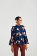 Buy Negative Apparel Floral Print Frill Neck Flounce Sleeve Blouse FD - Blue Floral in Pakistan