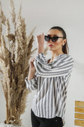 Buy Negative Apparel Pocket Patched Roll Up Sleeve Blouse FD - Grey Stripes in Pakistan