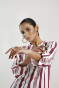 Buy Negative Apparel Pocket Patched Roll Up Sleeve Blouse FD - Red Stripes in Pakistan