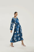 Buy Negative Apparel Allover Print Shirred Waist Bishop Sleeve Dress FD - Blue Geometric in Pakistan