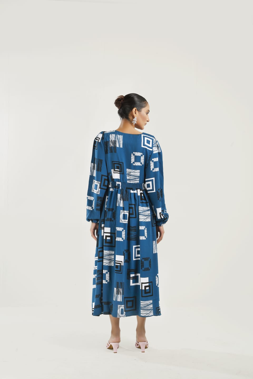 Buy Negative Apparel Allover Print Shirred Waist Bishop Sleeve Dress FD - Blue Geometric in Pakistan