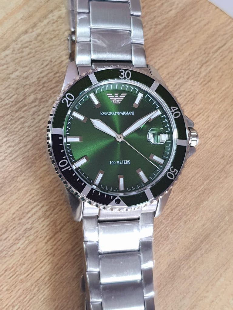 Emporio Armani Mens Quartz Stainless Steel Green Dial Watch - Ar11338