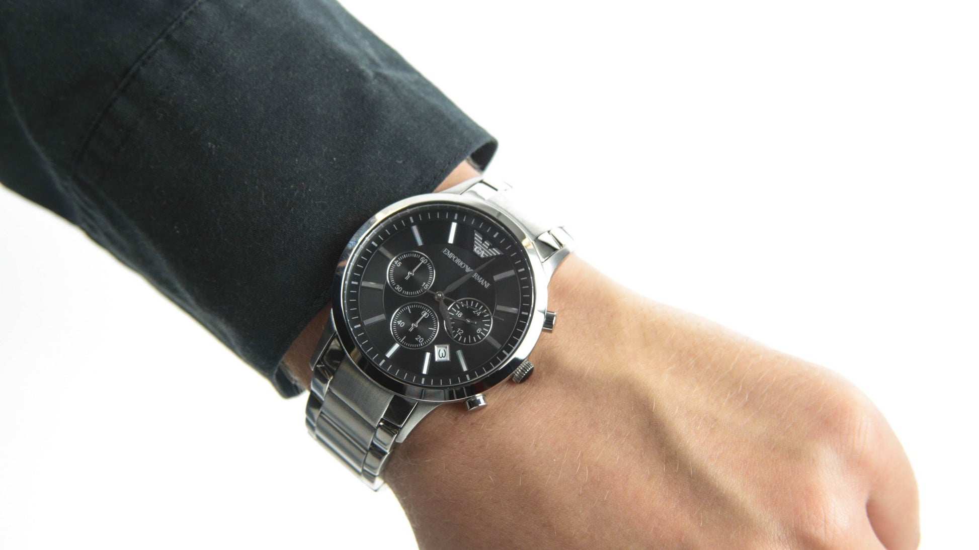 Buy Emporio Armani Classic Silver Stainless Steel Black Dial Chronograph Quartz Watch for Gents – AR2434 in Pakistan