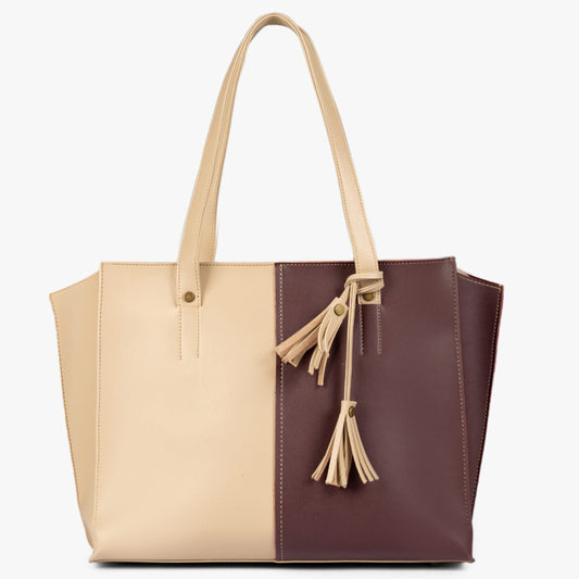 Buy Over The Shoulder Tote Bag - Off White And Burgundy in Pakistan