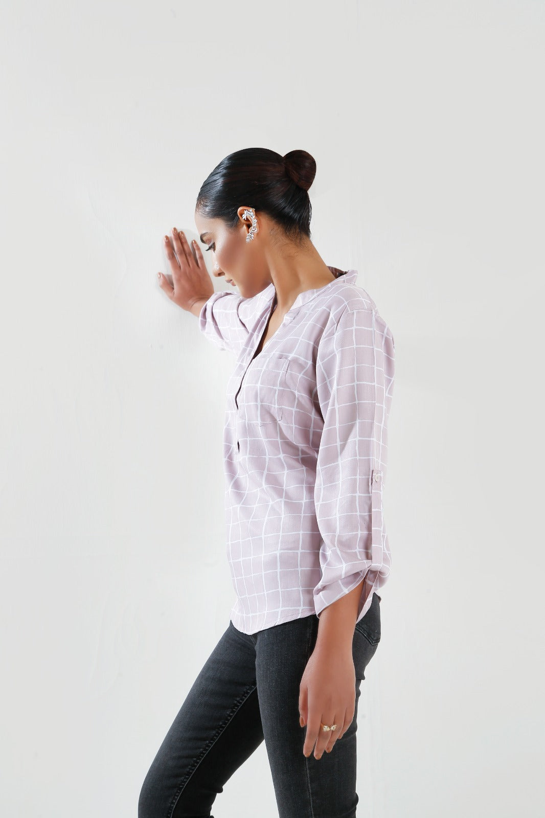 Buy Negative Apparel Pocket Patched Roll Up Sleeve Blouse FD - Pink Grid in Pakistan